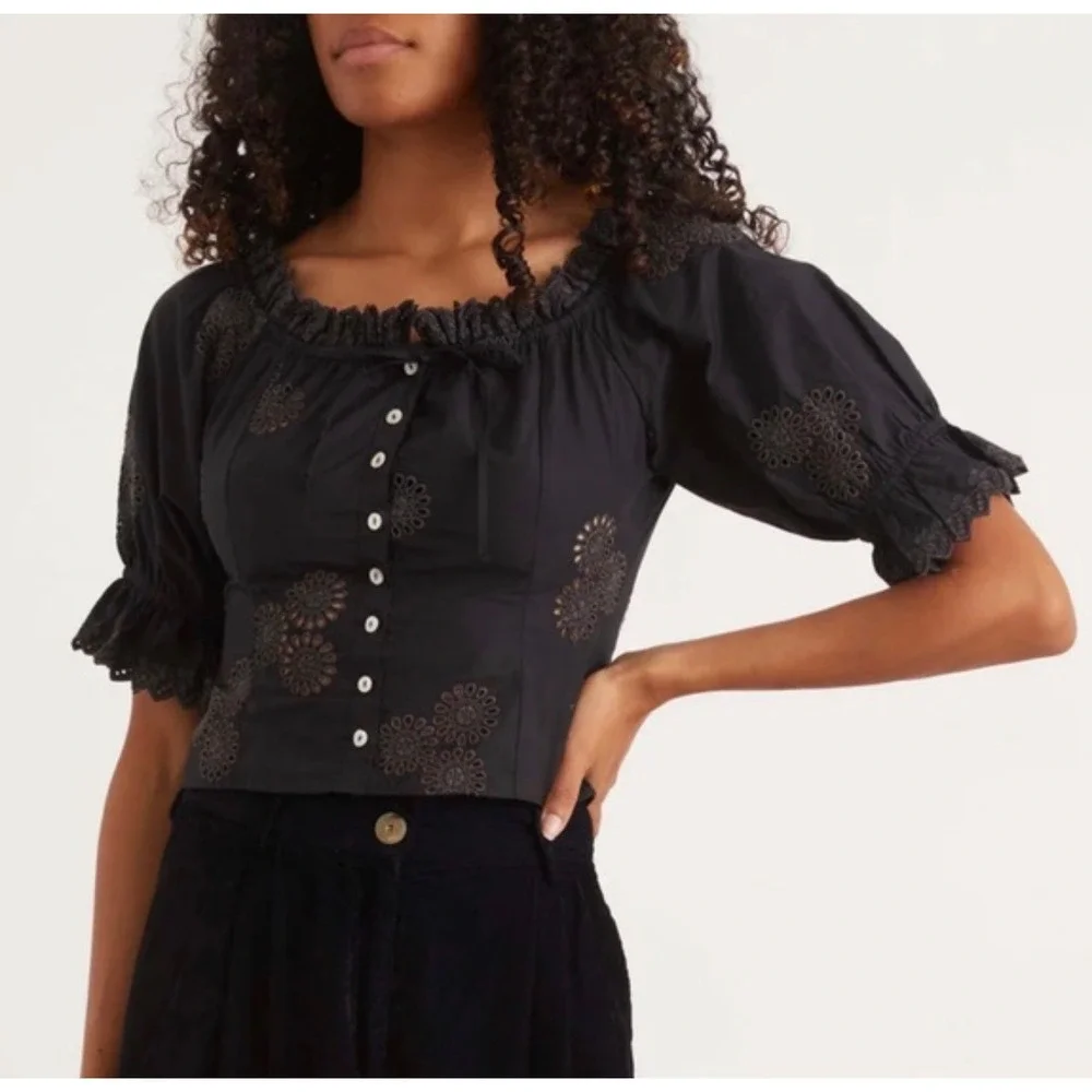 LoveShackFancy Anala Top Black Cotton Eyelet Puff Sleeve Cropped Size 4 Womens